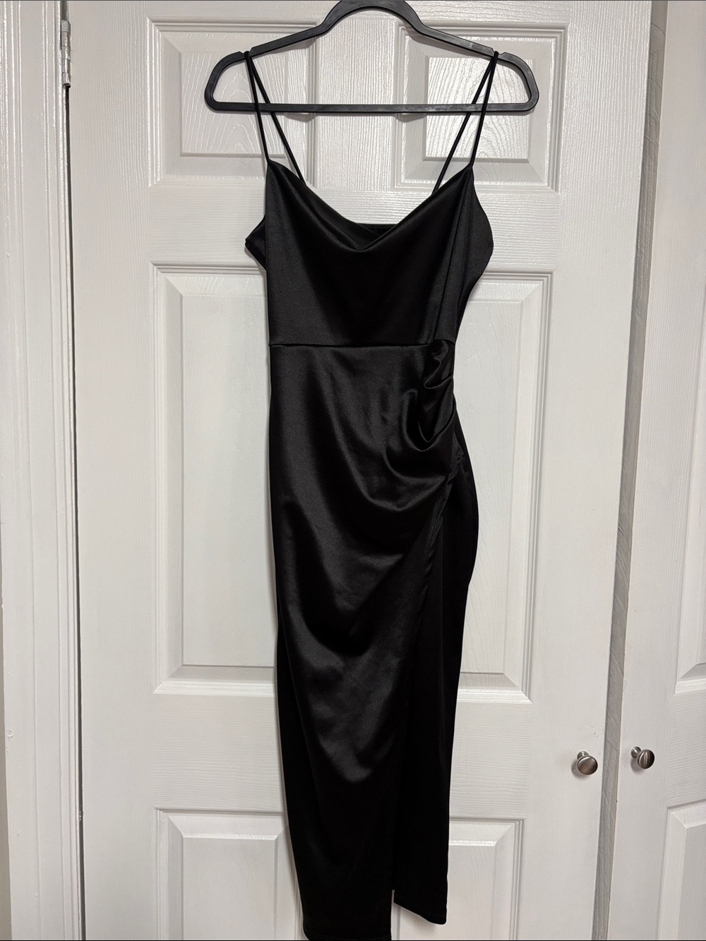 Windsor Black Satin Slip Midi Dress with Spaghetti Straps